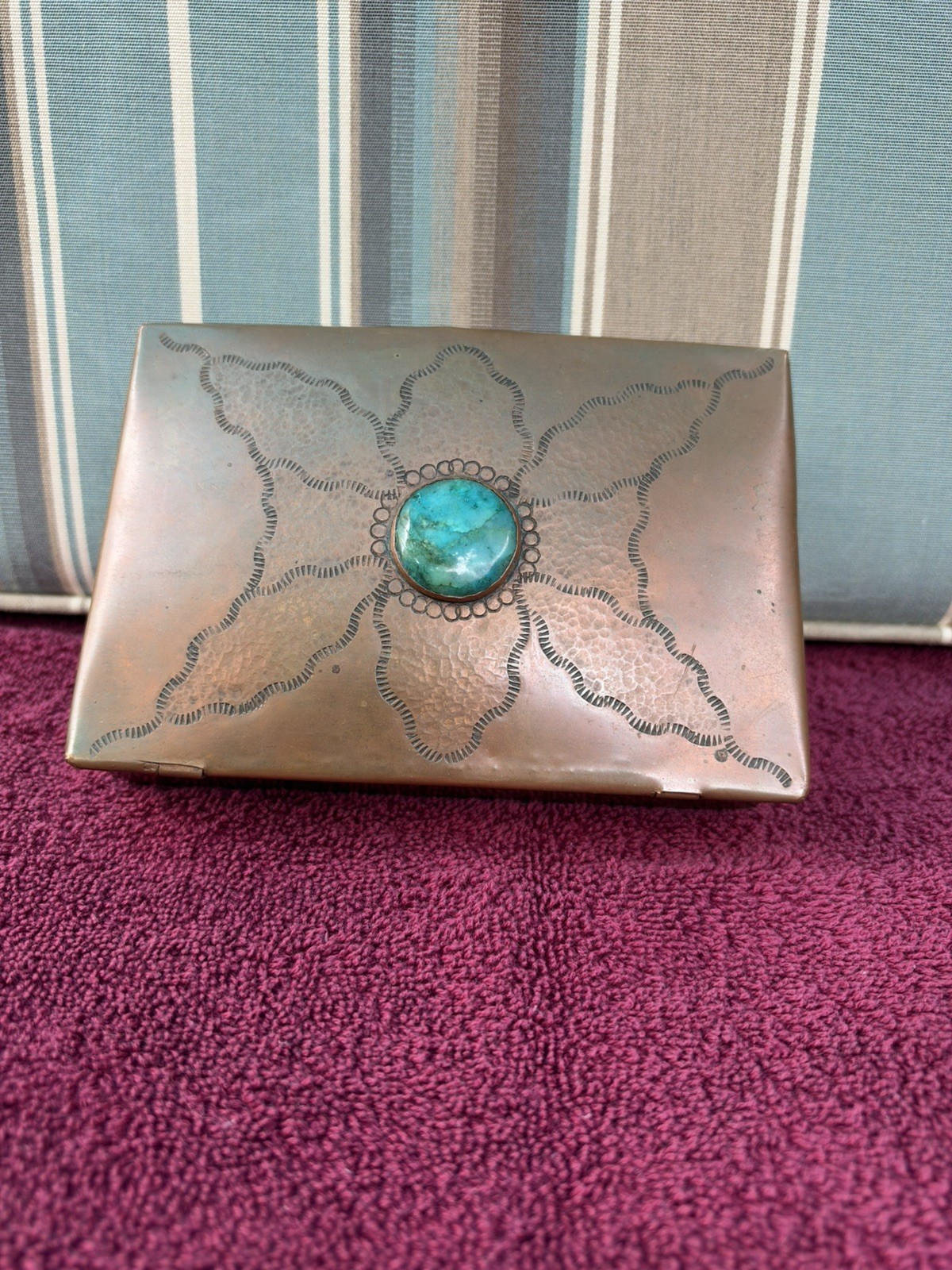 Vtg Large Harvey Era Native American Navajo Stamped Copper  Box with Turquoise 