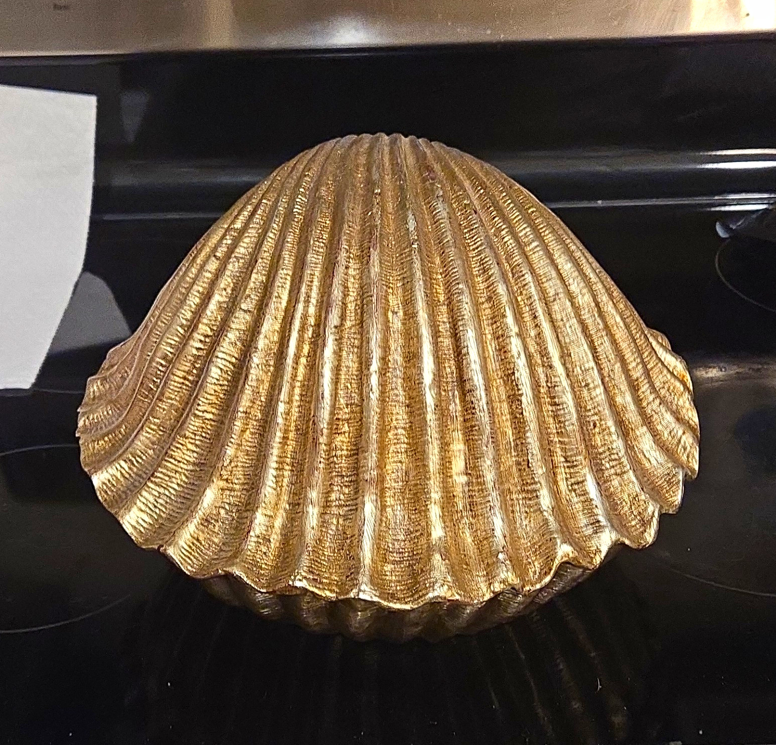 Gold Metal Hinged Shell Trinket Box w/ Sea Life Interior, Seashell Theme