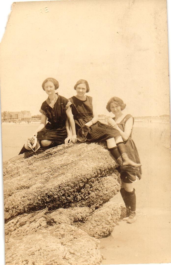 Antique RPPC Three Women Posed on Rock on the Beach Postcard Antique RPPC Three Women Posed on Rock on the Beach Postcard