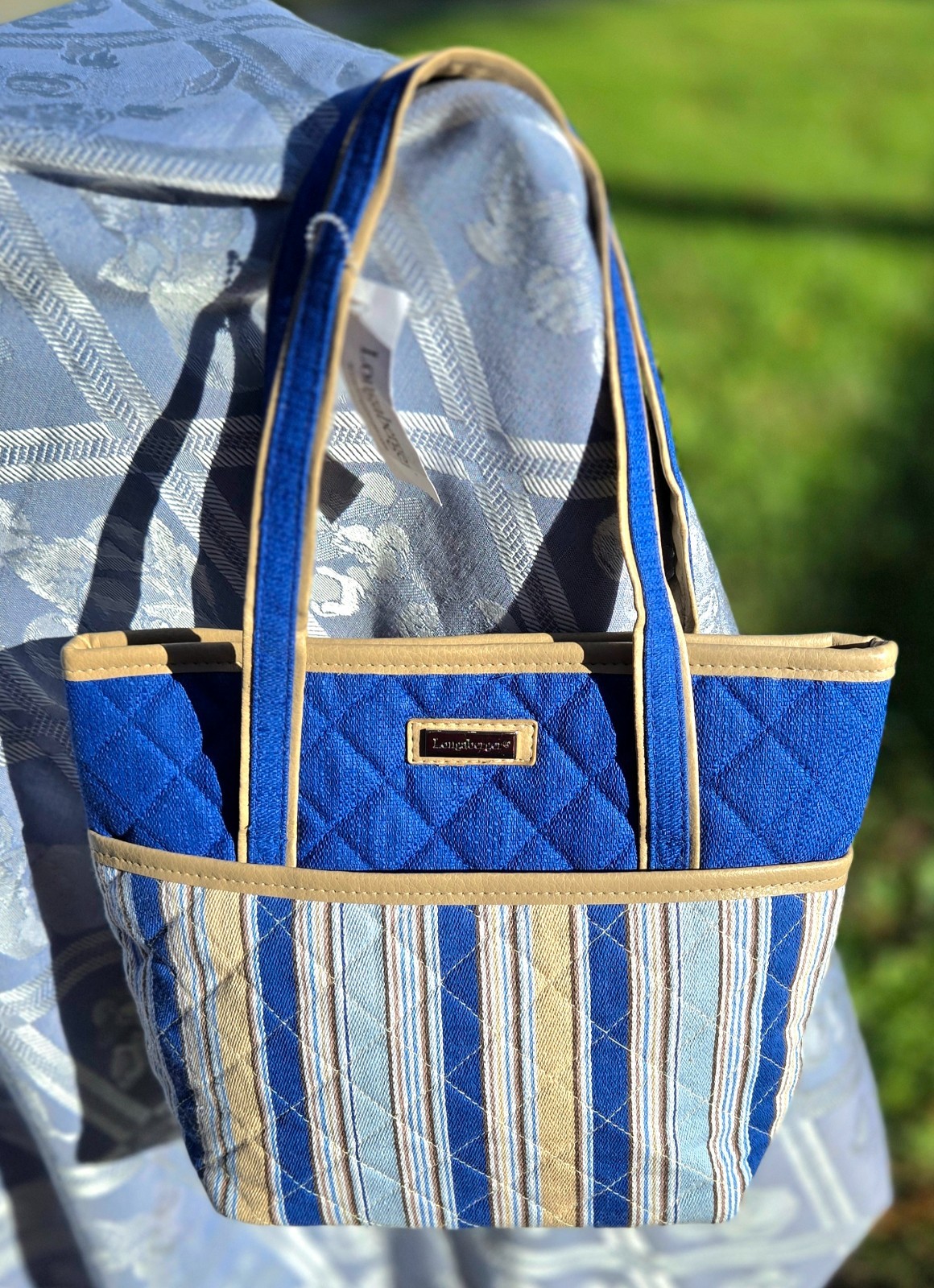 Longaberger Homestead Set Quilted Cabana Stripe tote handbag coin purse zippered