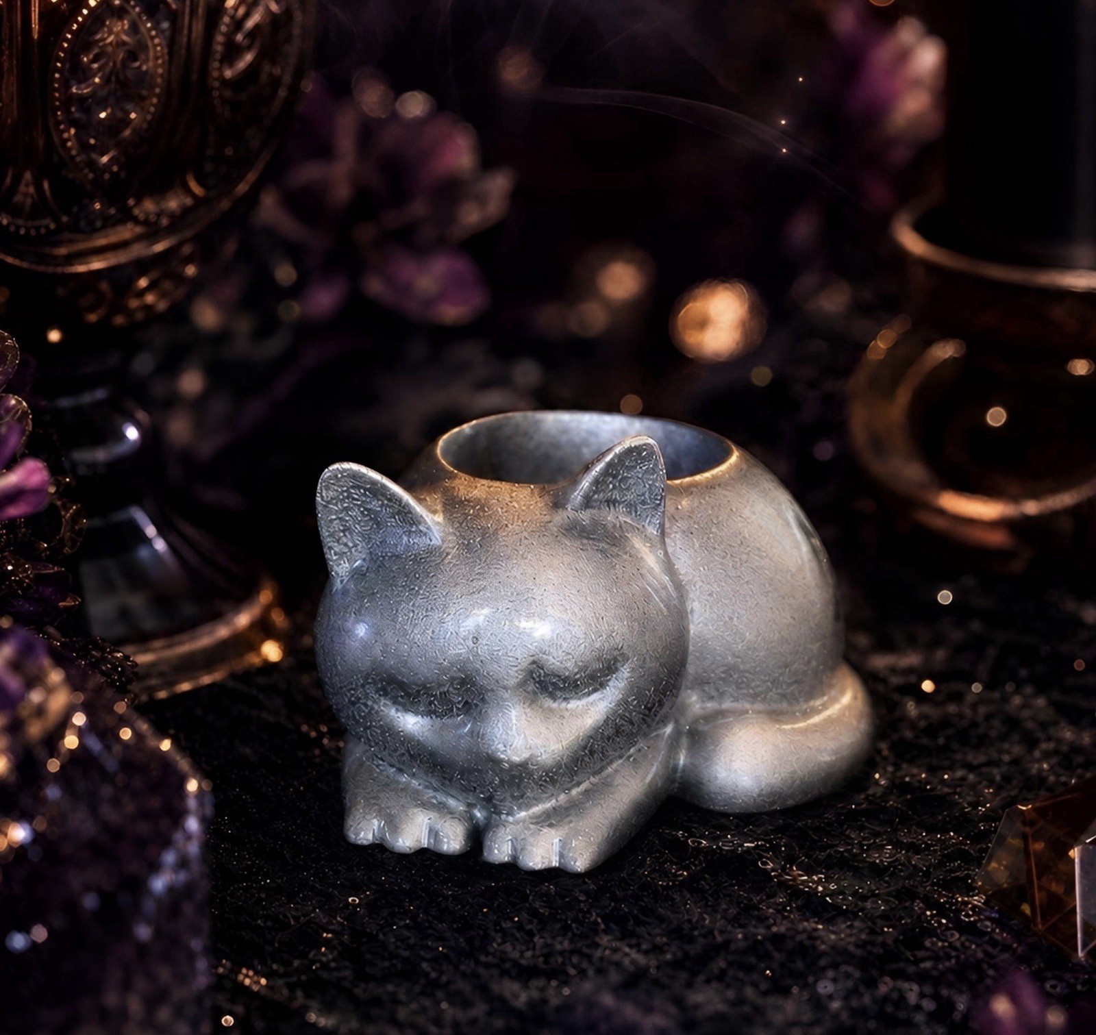 Hand Poured Silver Resin Kitten Tea Light Holder Gothic Altar Witchy Cat Decor