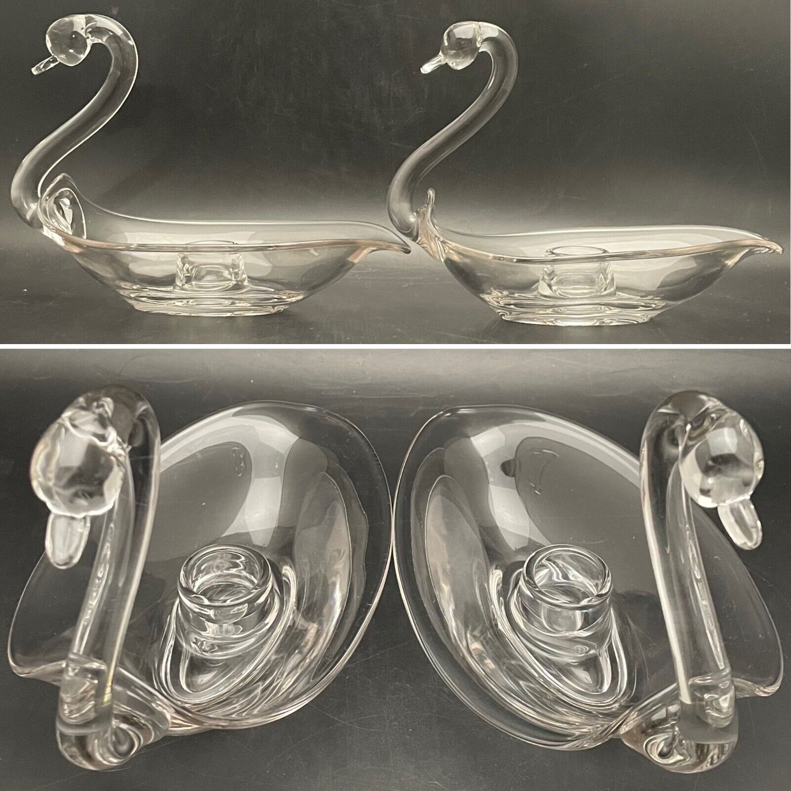 Duncan Miller Art Glass Swan 2pc Candle Holder/Candlestick Set USA 8\
