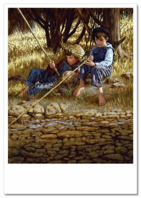 CHILDHOOD FISHING Kids Art – Boys by the River ART Jim Style Modern Postcard