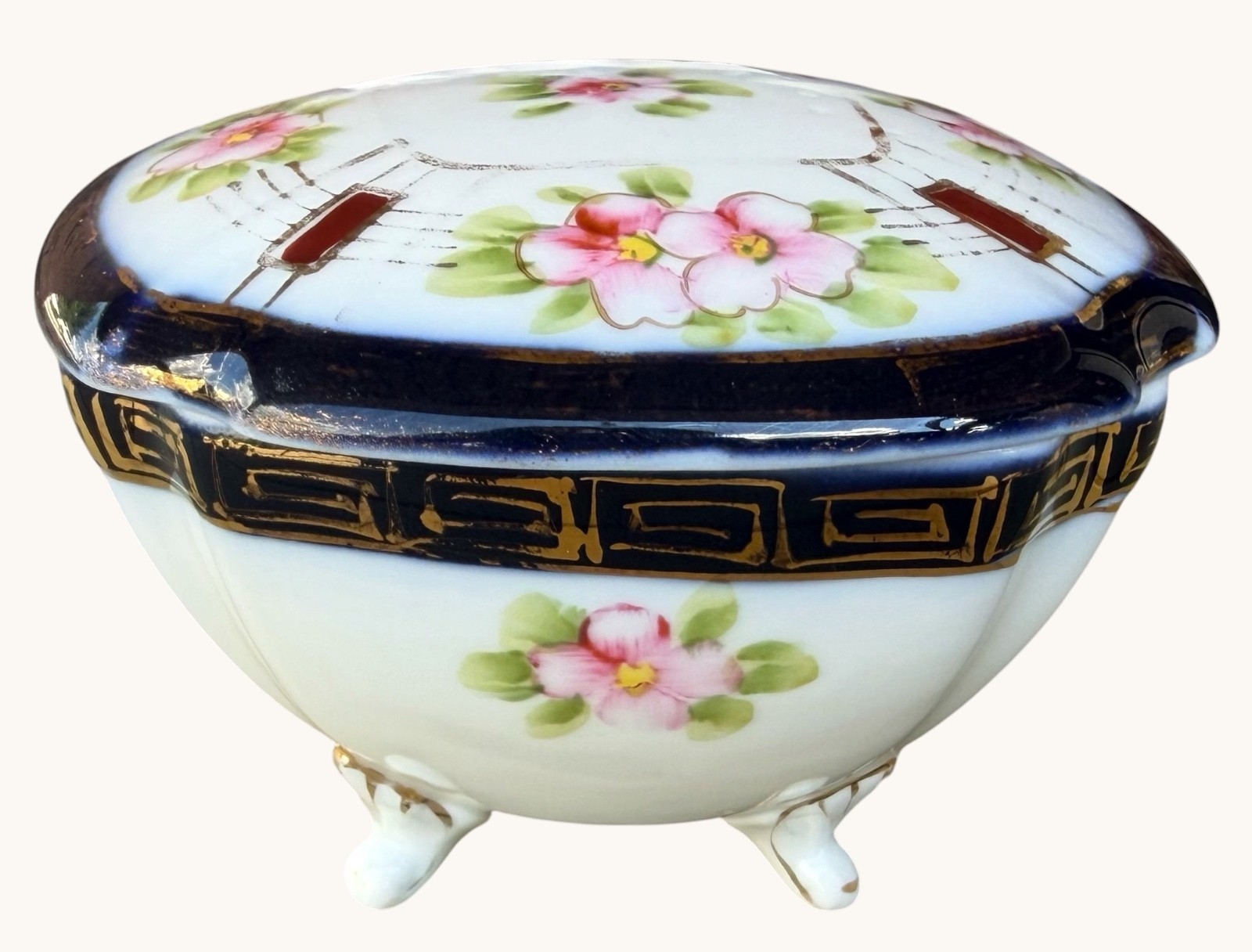 Antique Nippon Powder Jar- Morimura Wreath- Footed Porcelain Trinket Box Cobalt