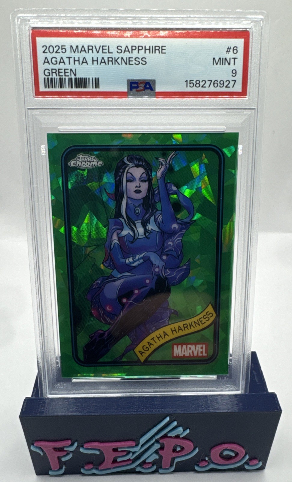 2025 Topps Chrome Marvel Sapphire Green Agatha Harkness 25/99 PSA 9