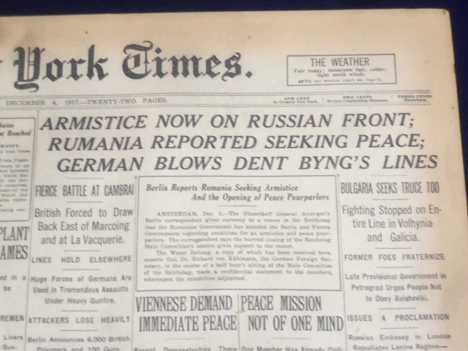 1917 DECEMBER 4 NEW YORK TIMES - ARMISTICE NOW ON RUSSIAN FRONT - NT 8251