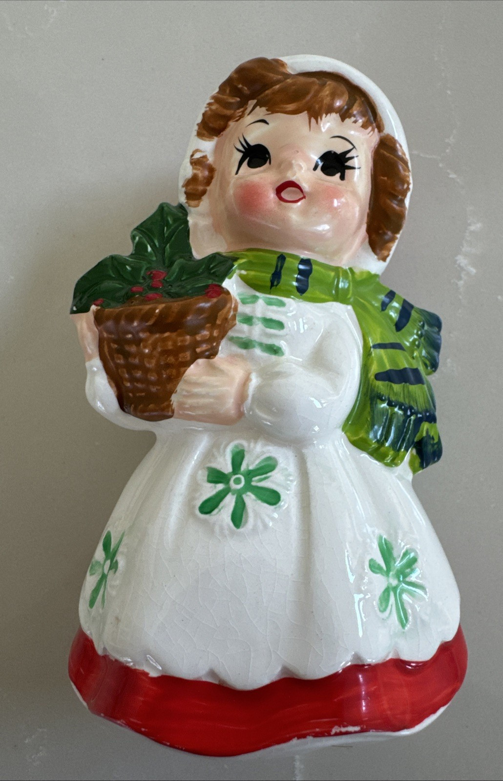 Vintage Lefton-Christmas Girl-Red/White/Green-Scarf/Basket #7698  w LABEL
