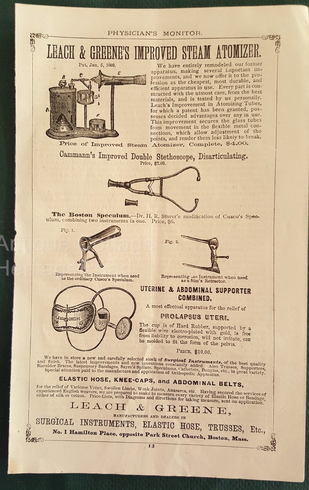 1872 antique LEACH GREENE\'S MEDICAL EQUIPMENT AD journal page