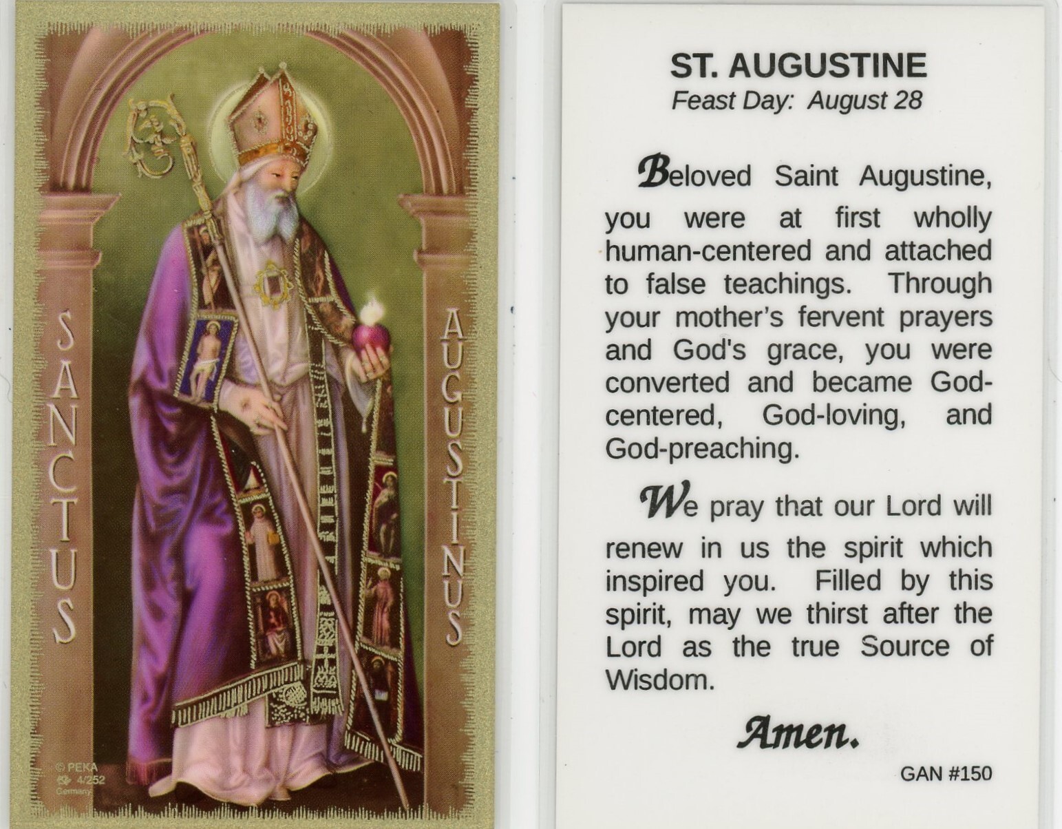 Saint Augustine with prayer to St Augustine - LAMINATED Holy Card GAN150