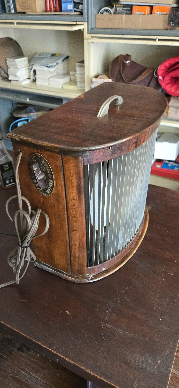 Vintage MCM Mathes Cooler Variable Speed Wood Box Fan - Works Great