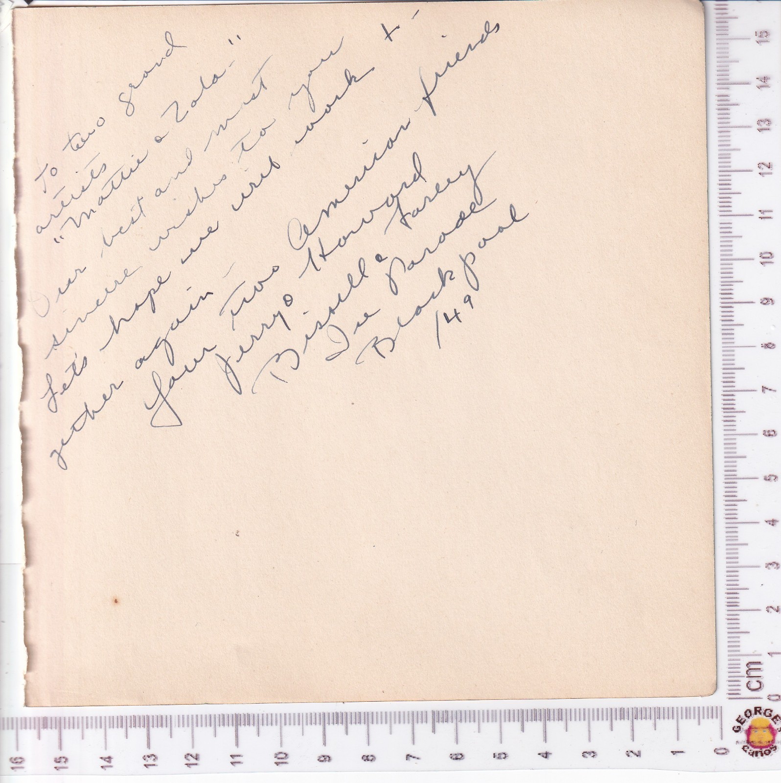 1949 Ice Parade Blackpool Signed Bissell & Farley to Mattie & Zola Cast Members