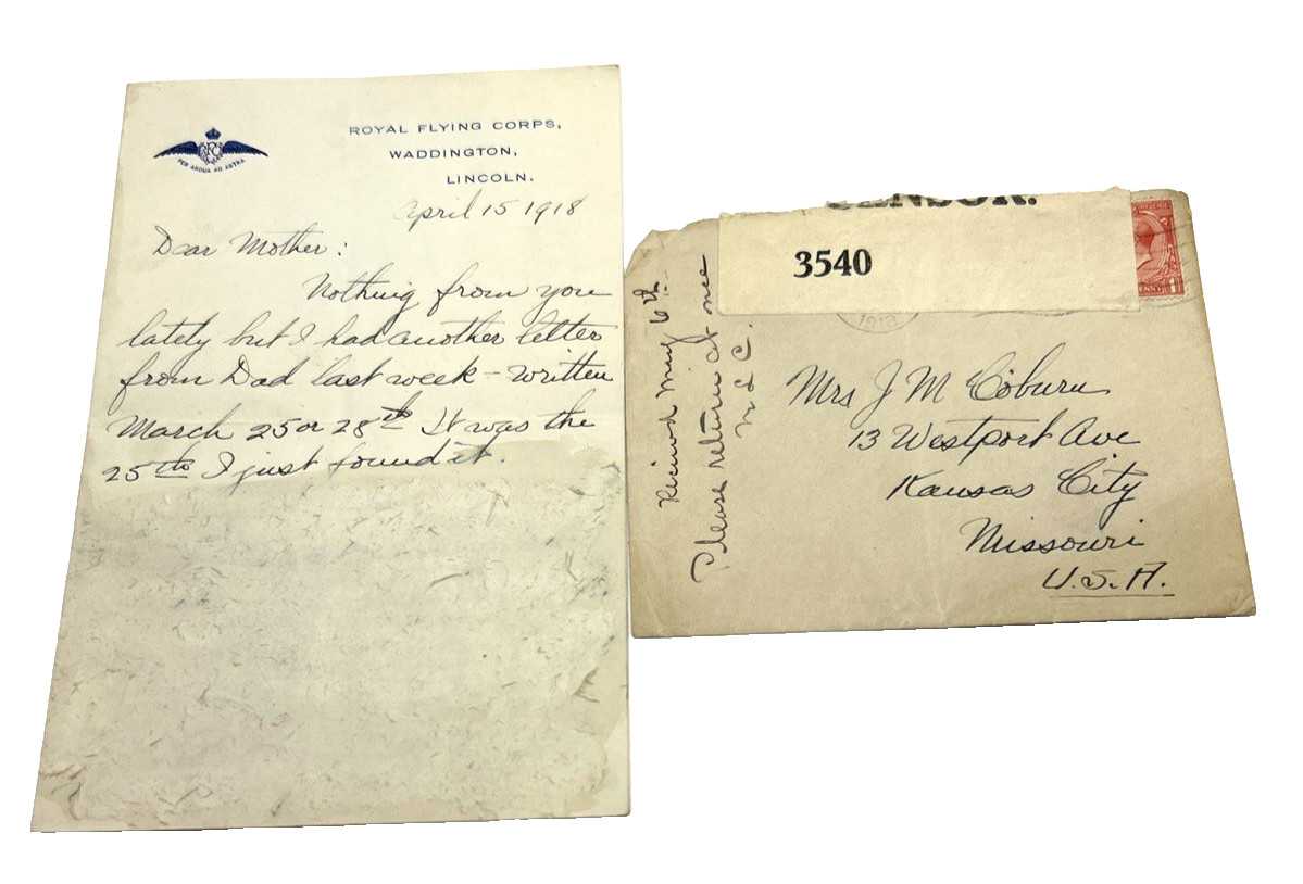 1918 WWI Royal Flying Corps Censored Letter RFC Waddington Lincoln England
