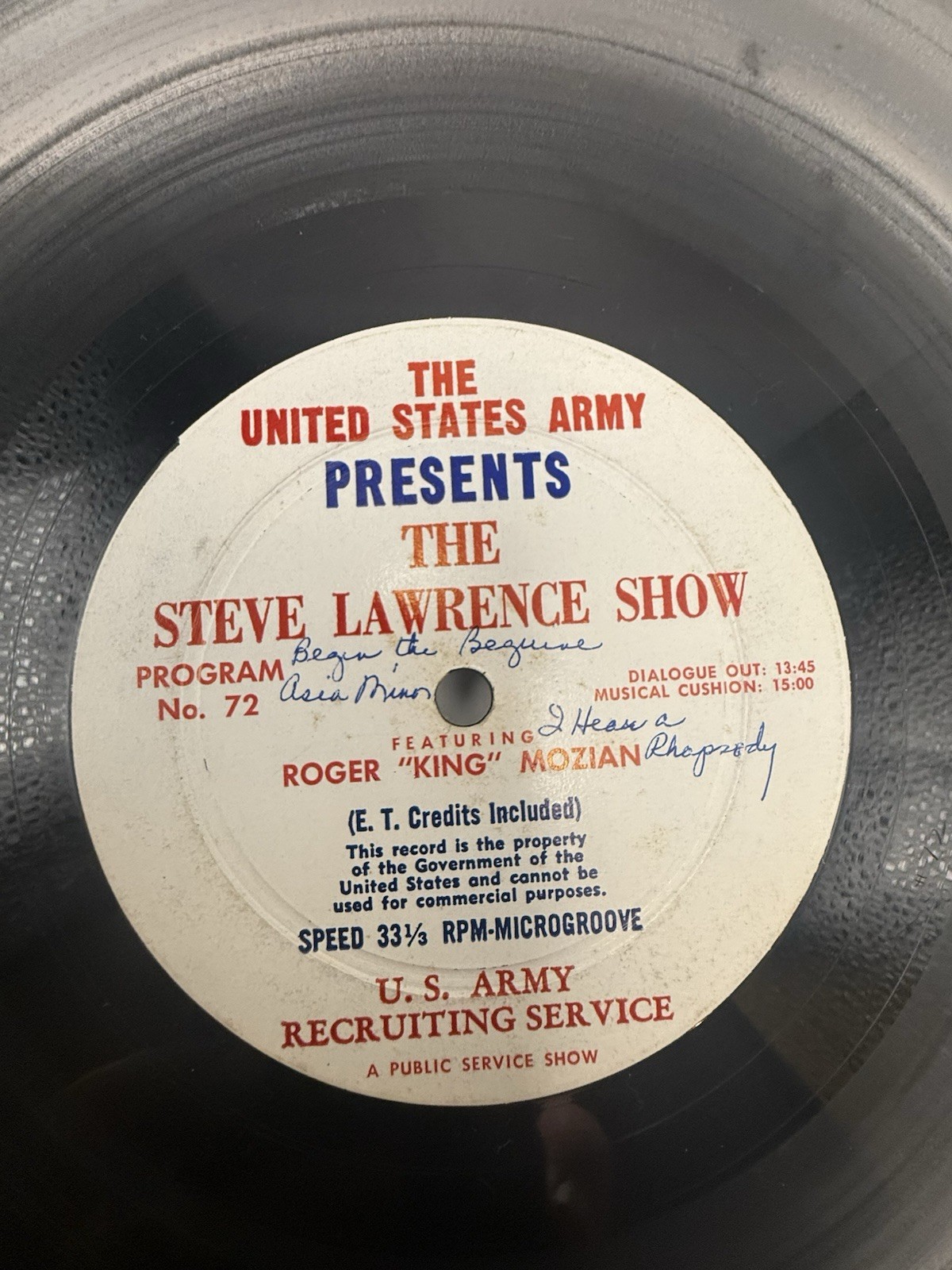 Vintage Us Army Recruiting Service LP Steve Lawrence Show Program 72