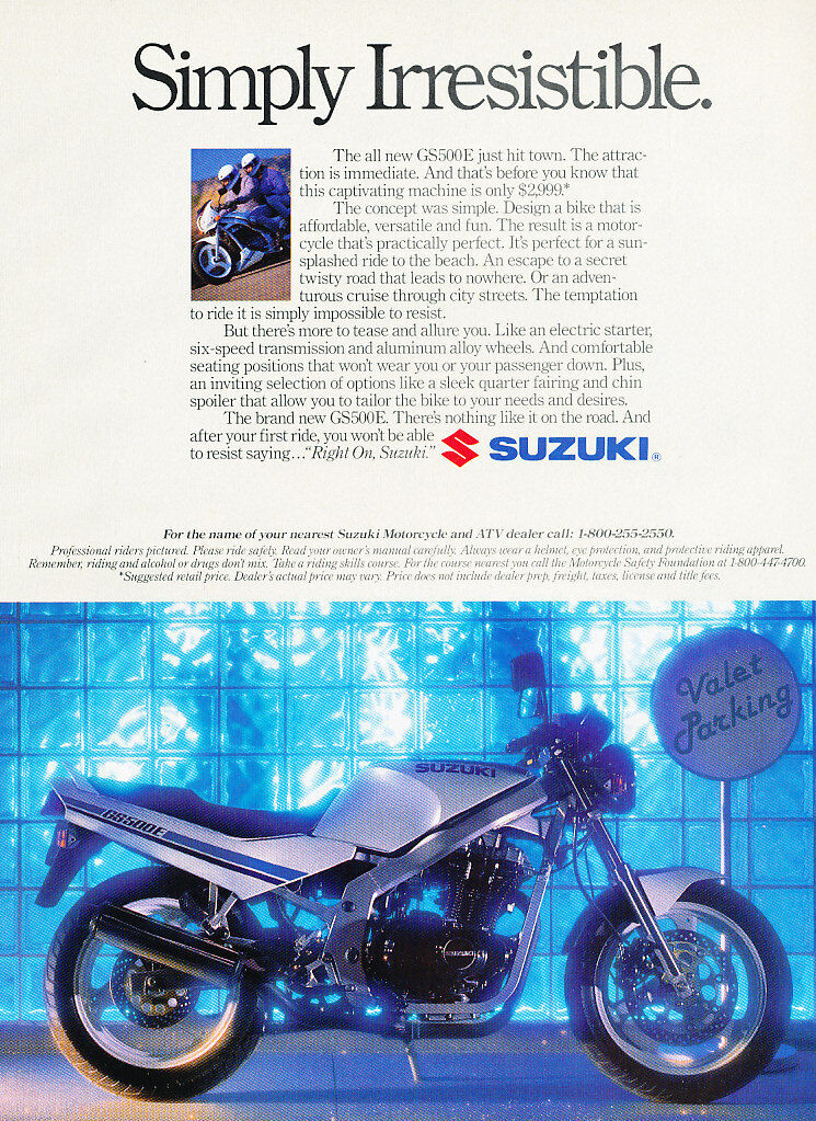1989 Suzuki GS500E Motorcycle - valet - Classic Vintage Advertisement Ad H52