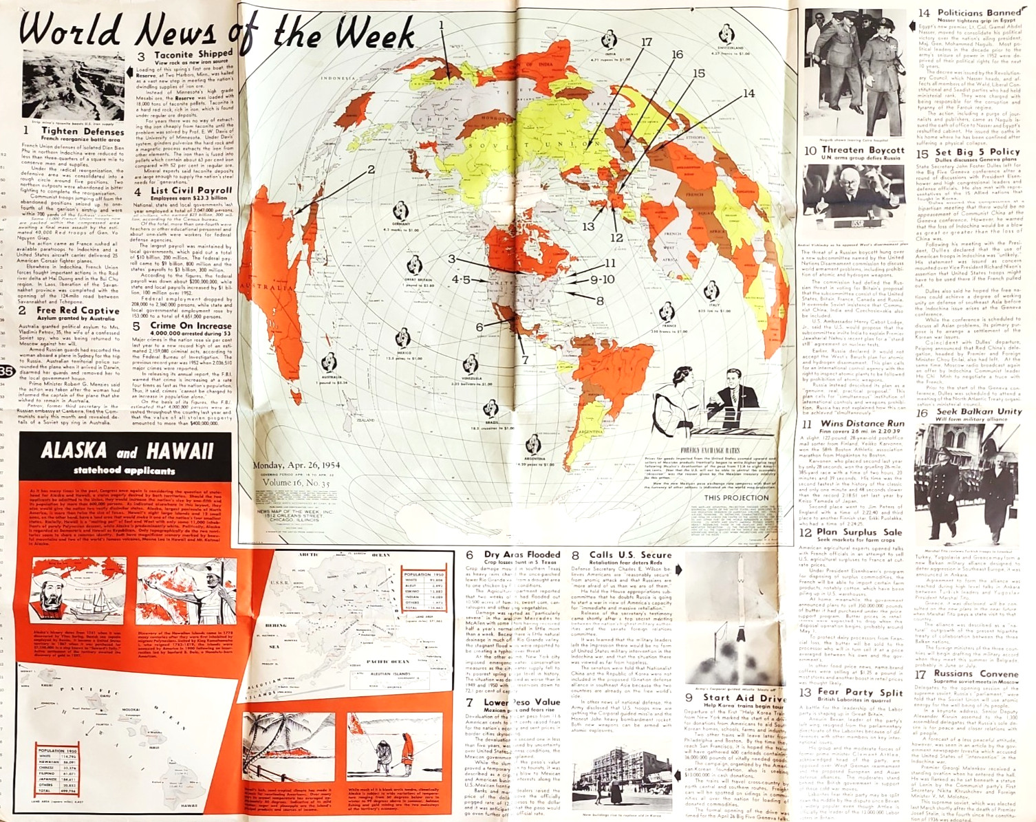 1954 World News Of The Week Global Map Cold War Political Poster Foldout 47x36