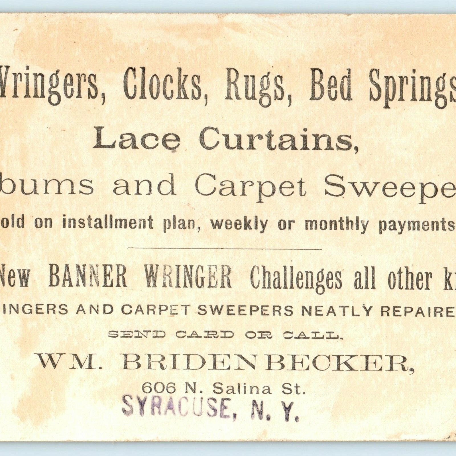 Vtg WM Briden Becker Syracuse NY Victorian Trade Card Banner Wringer Moon Sunset