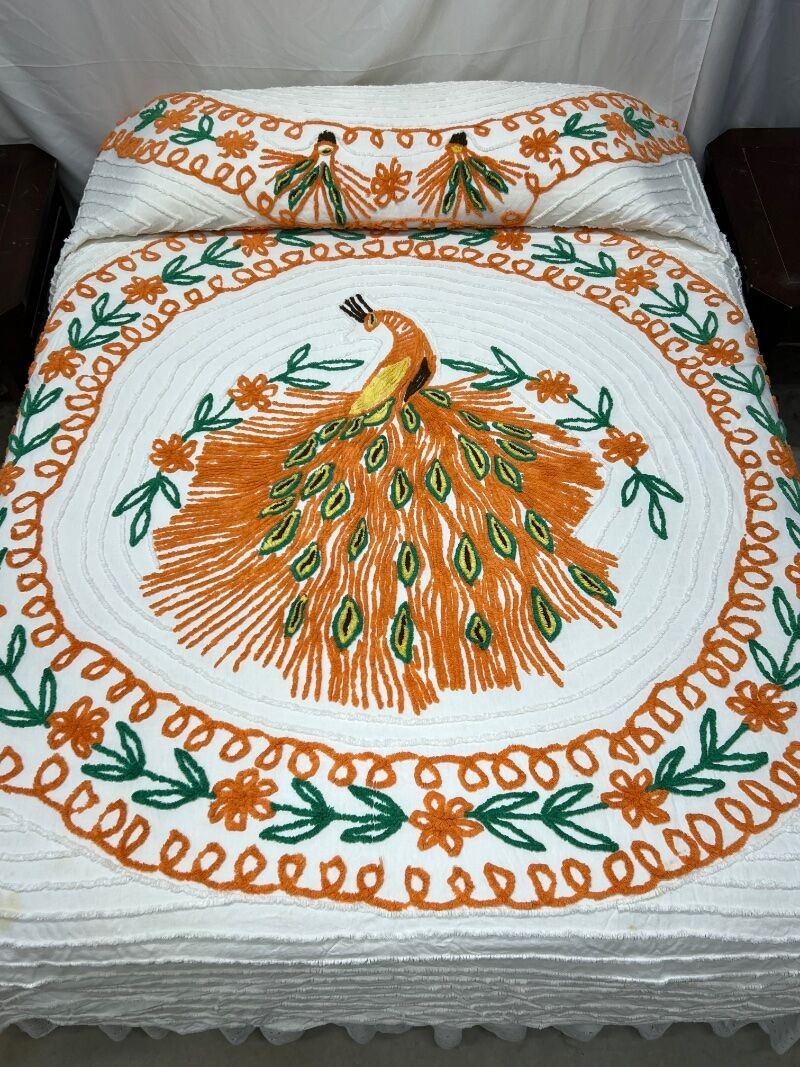 #840 Vintage 1950\'s Plush Orange Peacock & Floral Chenille Bedspread 90\