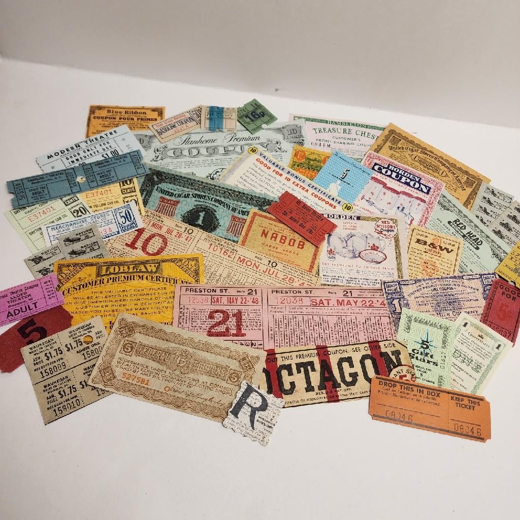 35 old tickets and coupons 1940s - 1960s vintage paper ephemera sample pack R