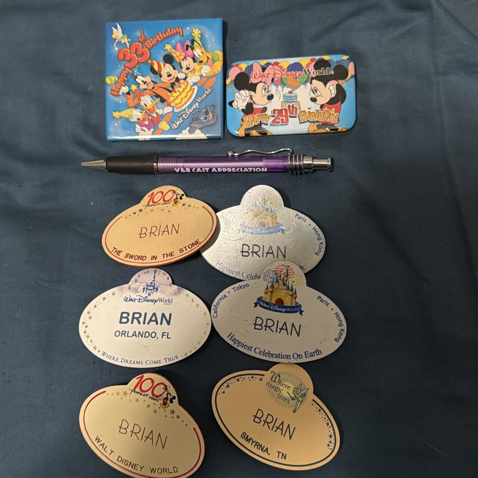 Lot Of 9 Vintage Walt Disney Name Tags Button& Pen