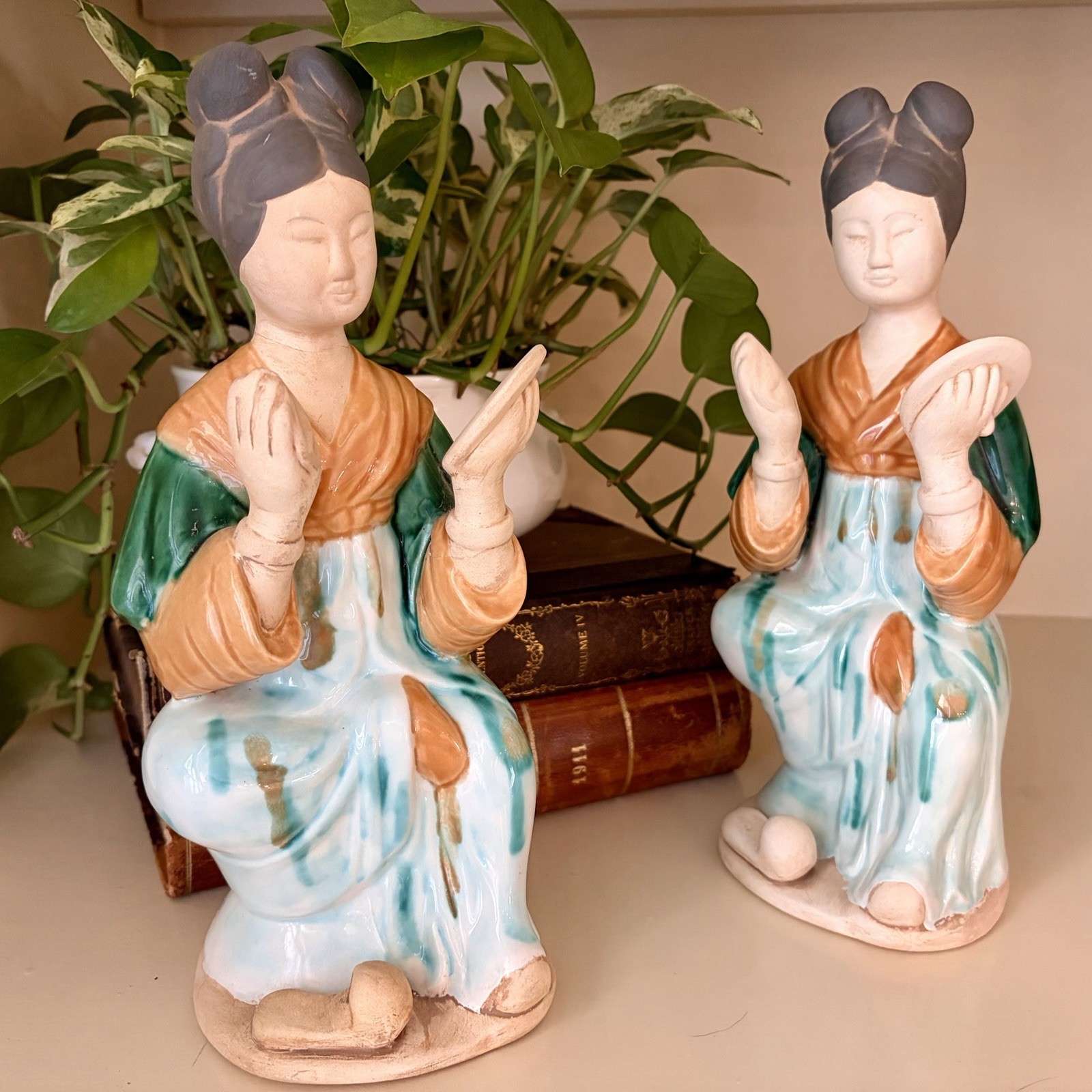 Vintage Chinese Tang Sancai Pottery Court Lady Musician Figurines Pair 10.25”