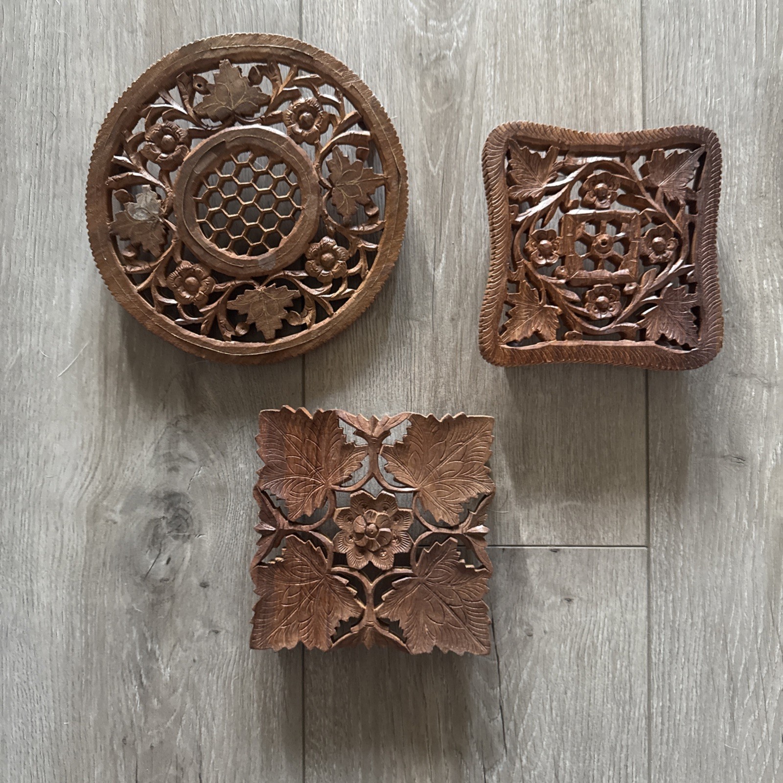 Vintage Set of 2 Handcarved Wooden Trivets from India *read