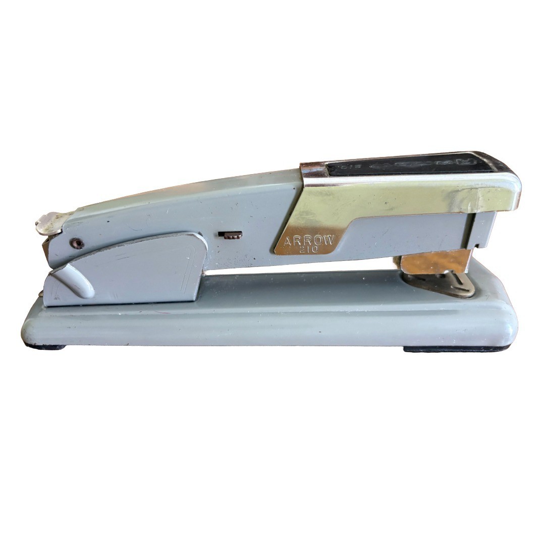Vintage Arrow 210 Heavy Duty Desk Stapler Gray Chrome Metal Tested 1950s Office