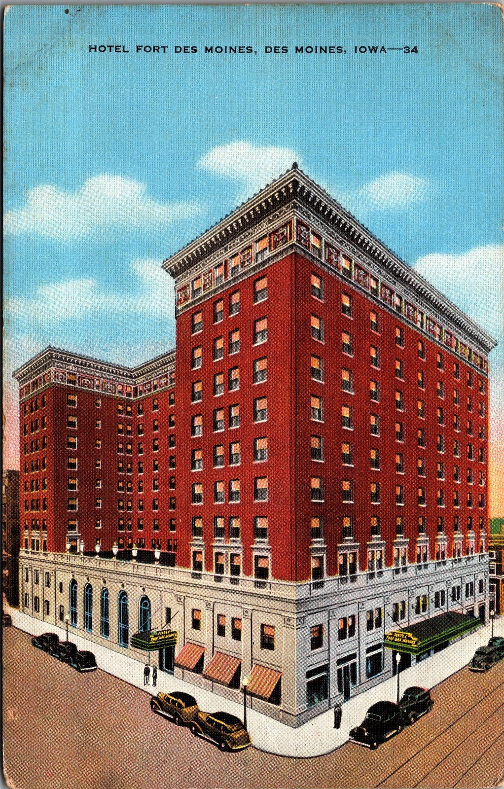 Hotel Fort Des Moines Iowa 1930s-40s Linen Postcard Vintage Hotel Exterior