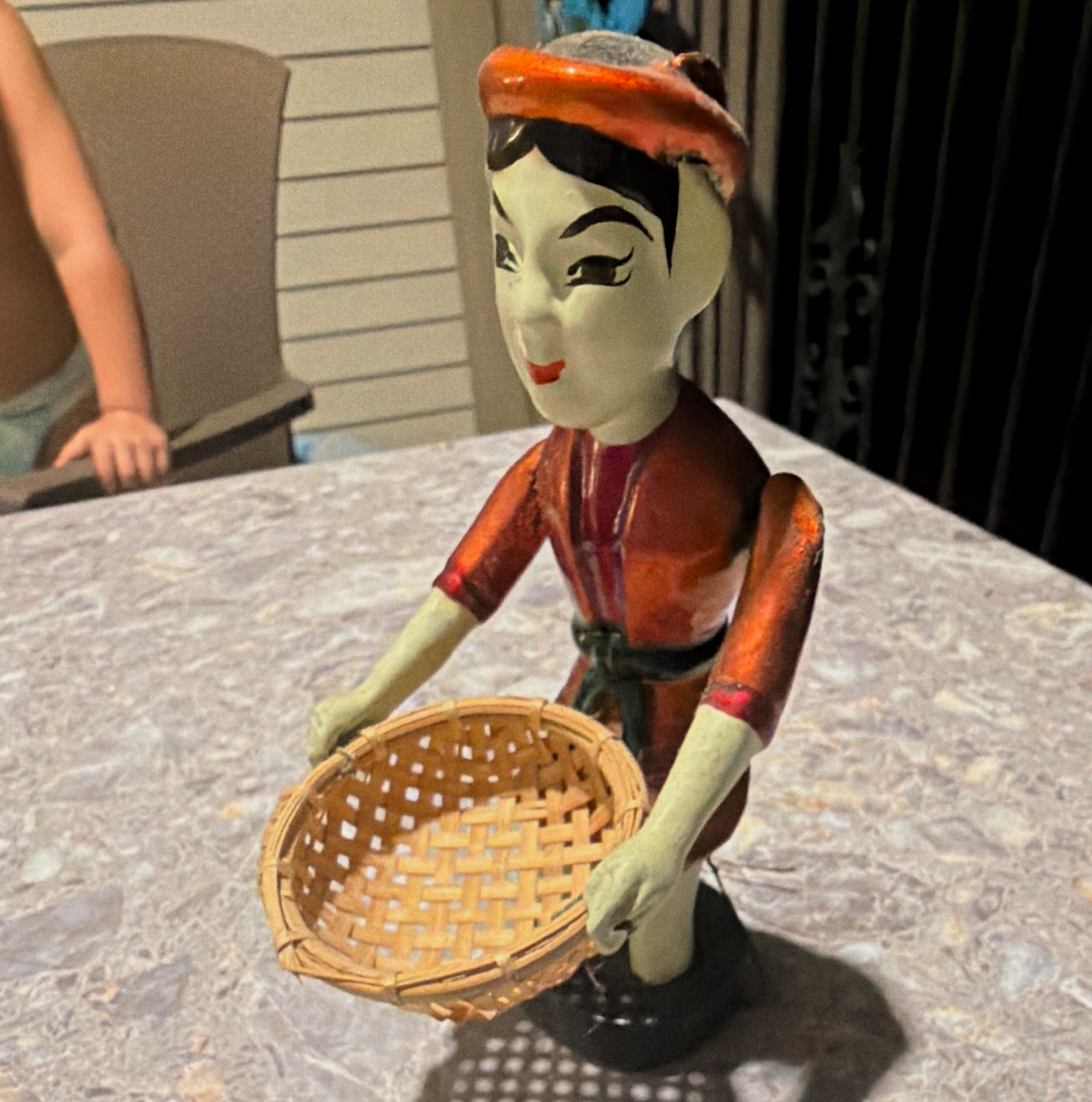 Hand Painted Wooden Figurine oriental vintage pull string hands up collectible