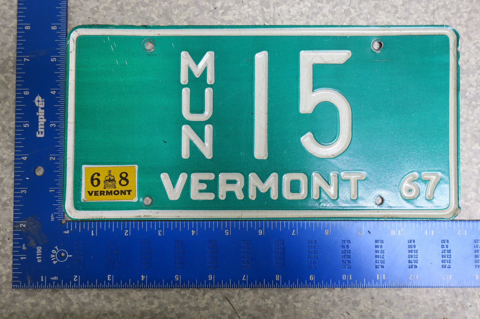 Vermont License Plate Tag 1967 1968 VT Municipal MUN Police Cop #15 2 Digit