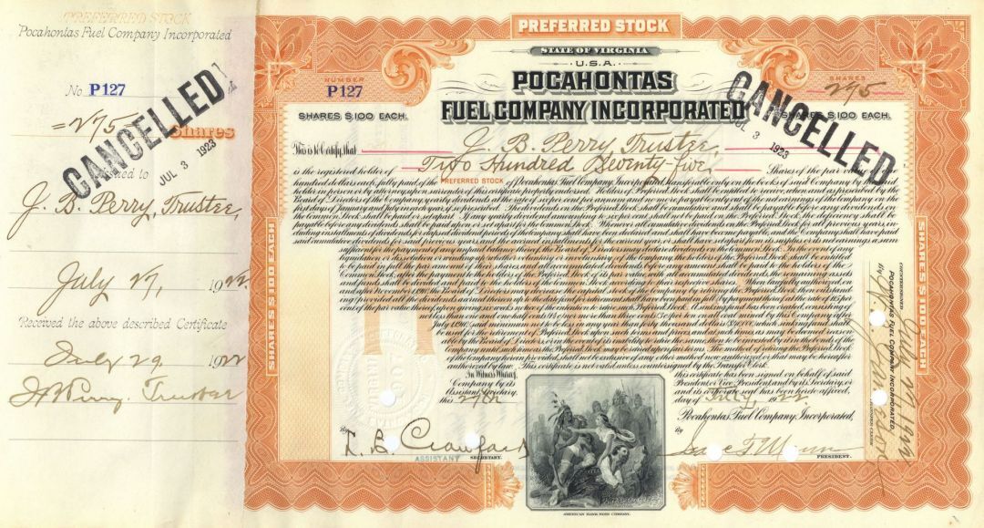 Pocahontas Fuel Co. Inc. - dated 1920\'s Virginia Coal Stock Certificate - Beauti