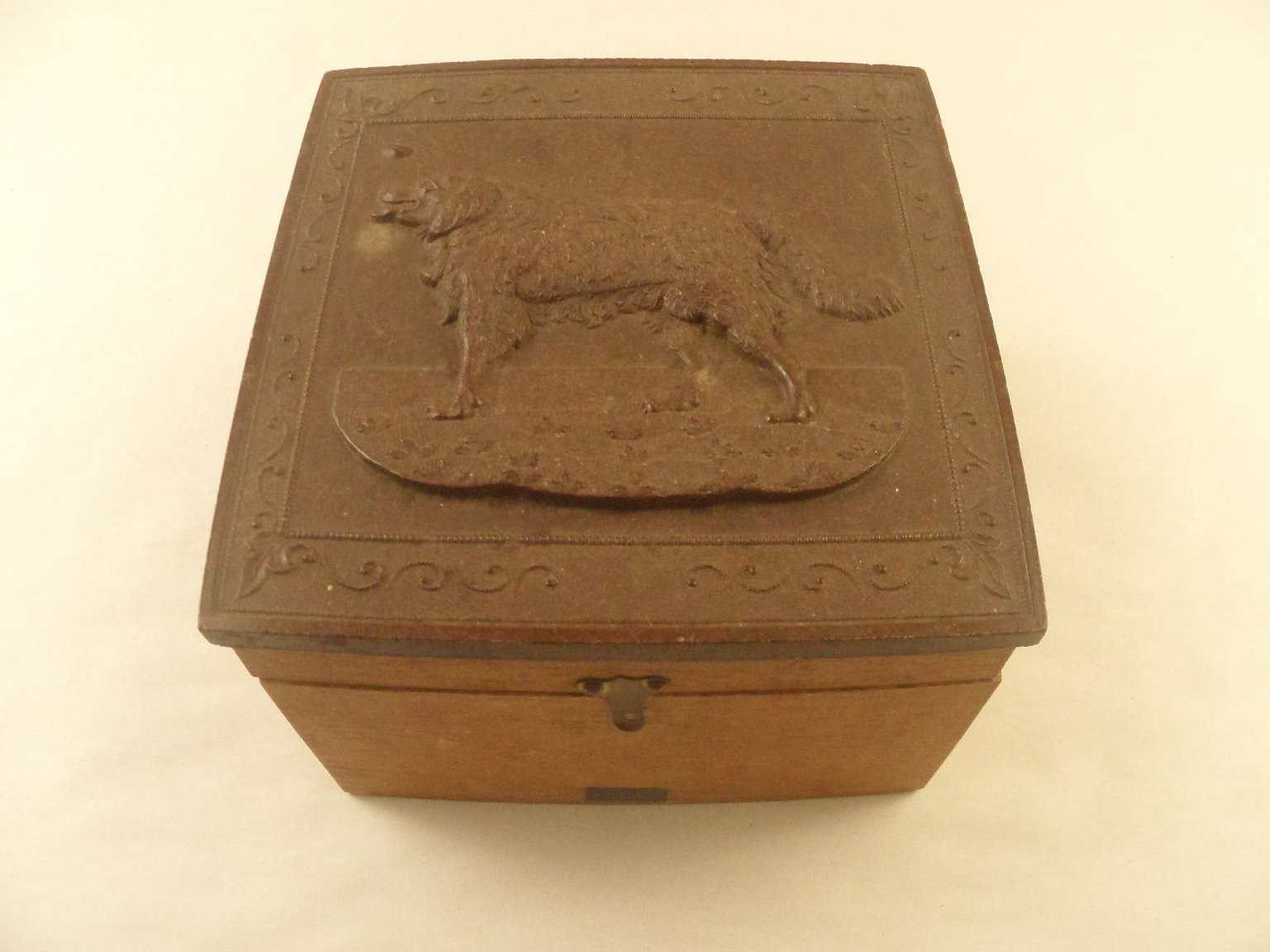 Antique 1877 Scovill Wood & Cast Iron Dog Relief Box A. Oppenheimer Warsaw NY