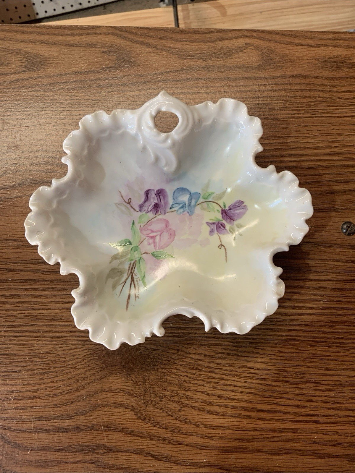 Vintage Hand Painted Porcelain Flowers Tray Trinket Jewelry Holder Signed 1987