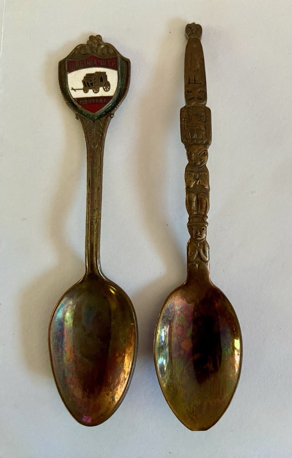 Set Of 2 Vintage Copper Collectible Travel Souvenir Mini Spoons Virginia City