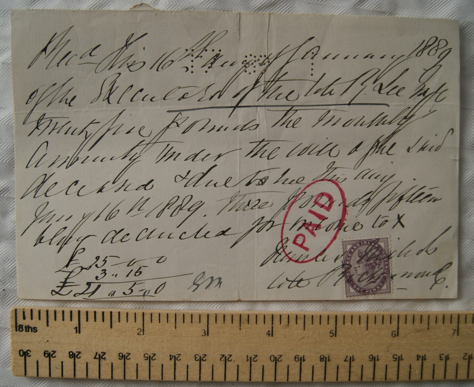 1889 recept with revenue, Jane Nichols late Richmond estate R. Lee