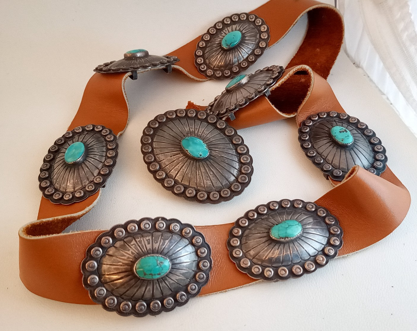 Vintage Navajo Morenci turquoise sterling silver concho belt