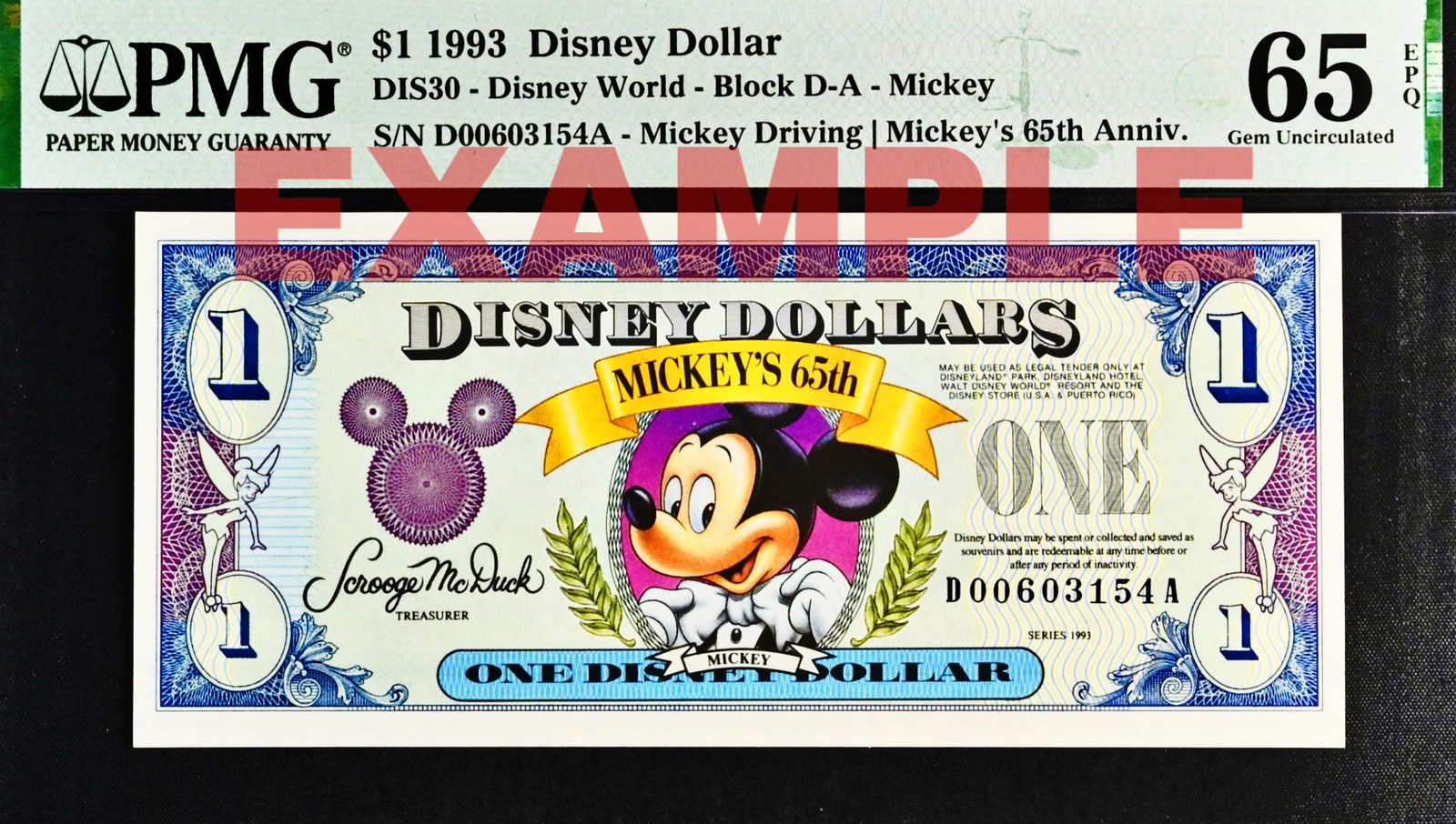 1993 $1 DISNEY DOLLAR Mickey Driving Mickey\'s 65th Anniversary  PMG 65 EPQ GEM