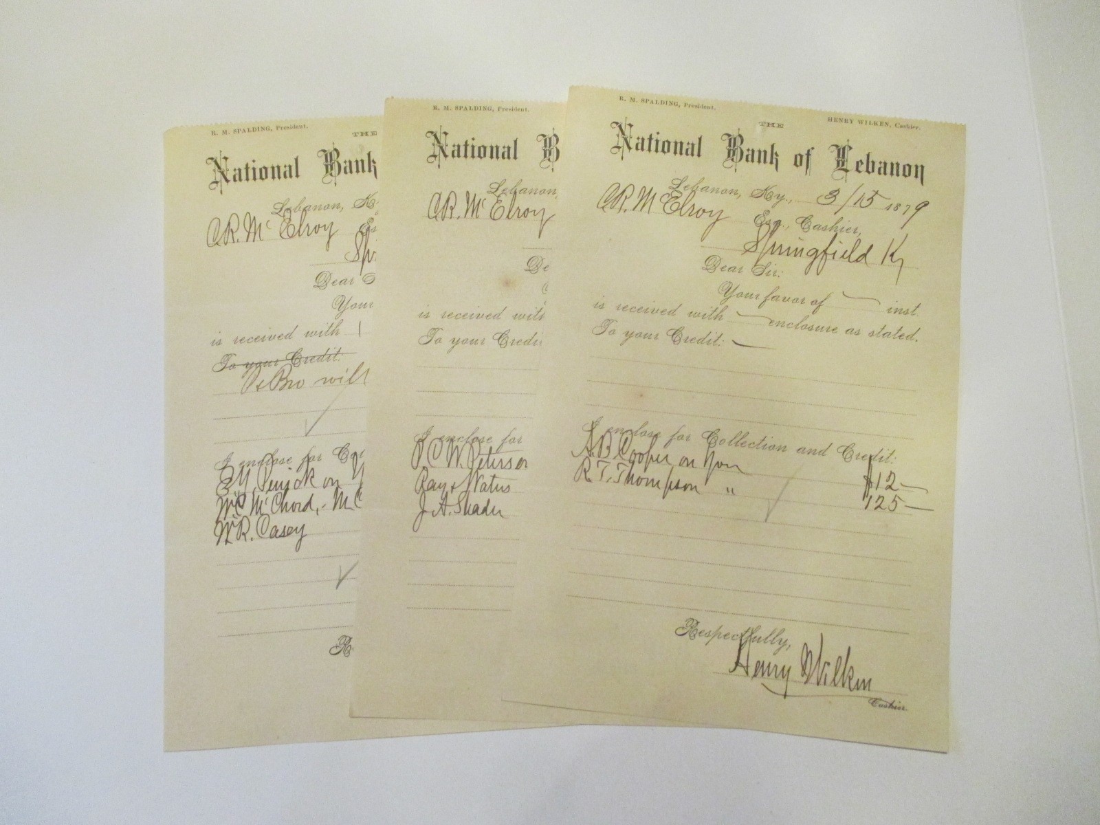 (3)  19TH CENTURY 1870'S KENTUCKY BANKING PAPERS. 1879 BANK OF LEBANON KENTUCKY