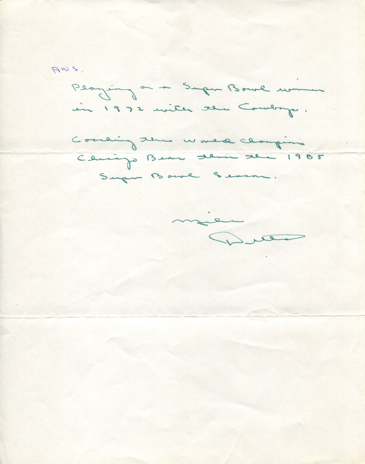 Mike Ditka HOF Signed letter with great content Dallas Cowboys Chicago Bears