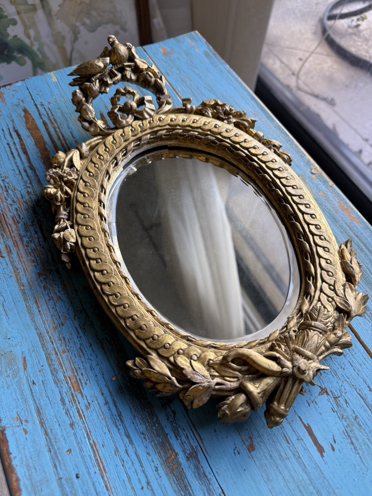 Vintage French Style Gold Gilt Oval Beveled Wall Mirror Birds Floral Bow Ornate