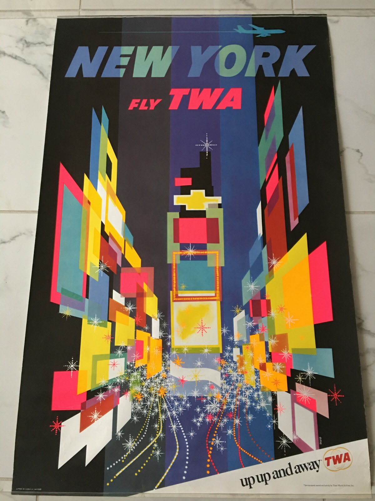 Original 60's FLY-TWA NEW YORK CITY'S Times Square Travel Poster - DAVID KLEIN