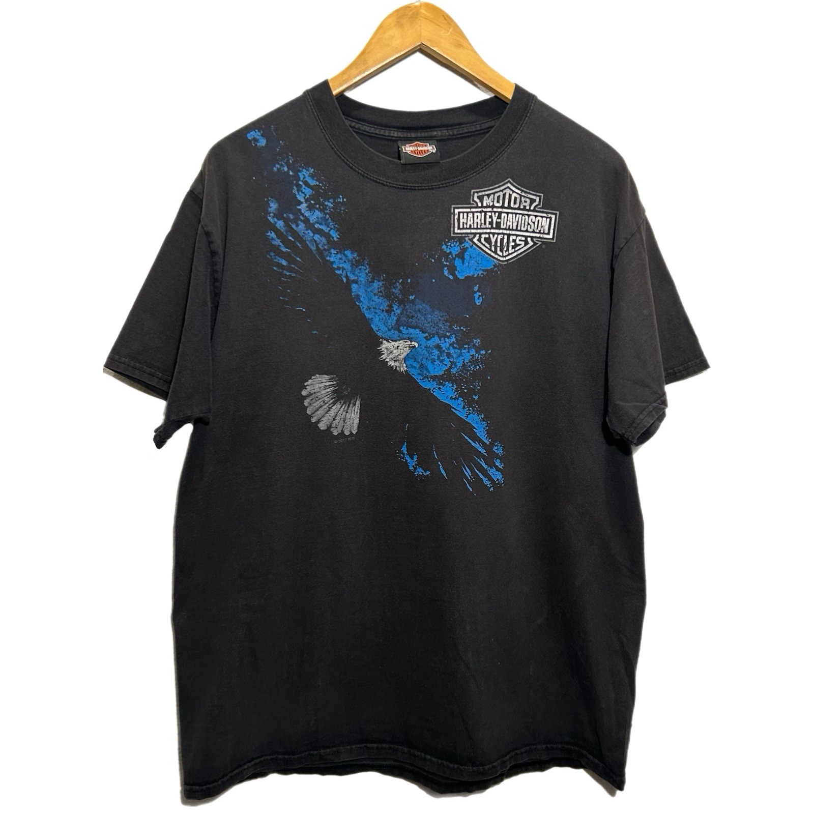 Harley Davidson Shirt L Negative Eagle Blue Flame Buffalo NY Biker Graphic Tee