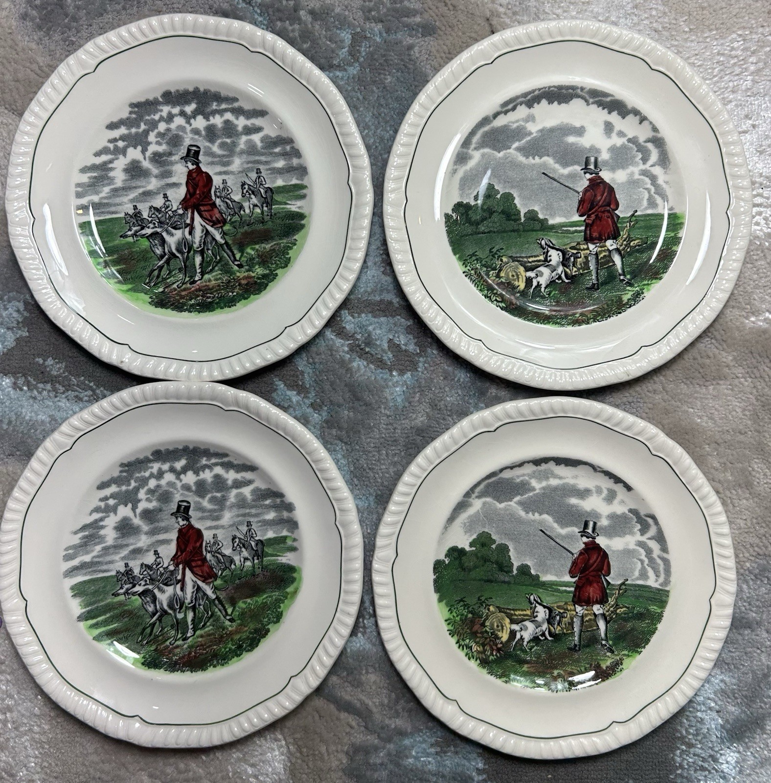 Set of 4 Vintage Copeland Spode The Hunt Bread & Butter Plates 6.25” Green Rim