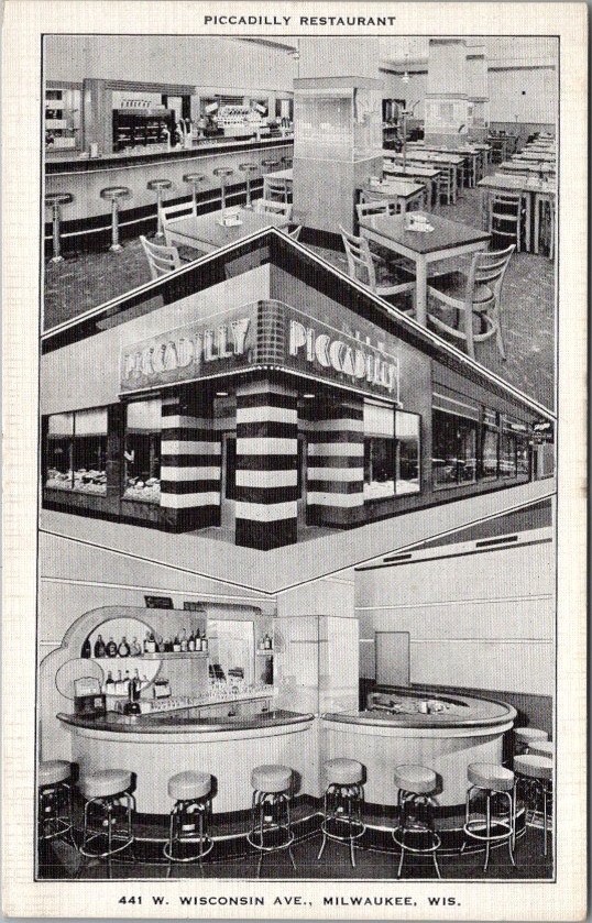 c1940s MILWAUKEE Wisconsin Postcard PICCADILLY RESTAURANT Bar View / Kropp Linen