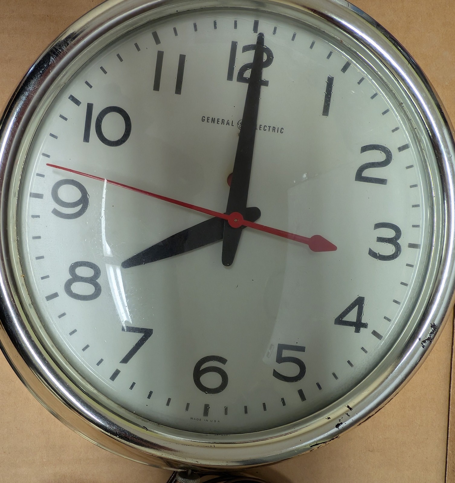 Vintage General Electric Chrome School Wall Clock Red Second Hand For Parts
