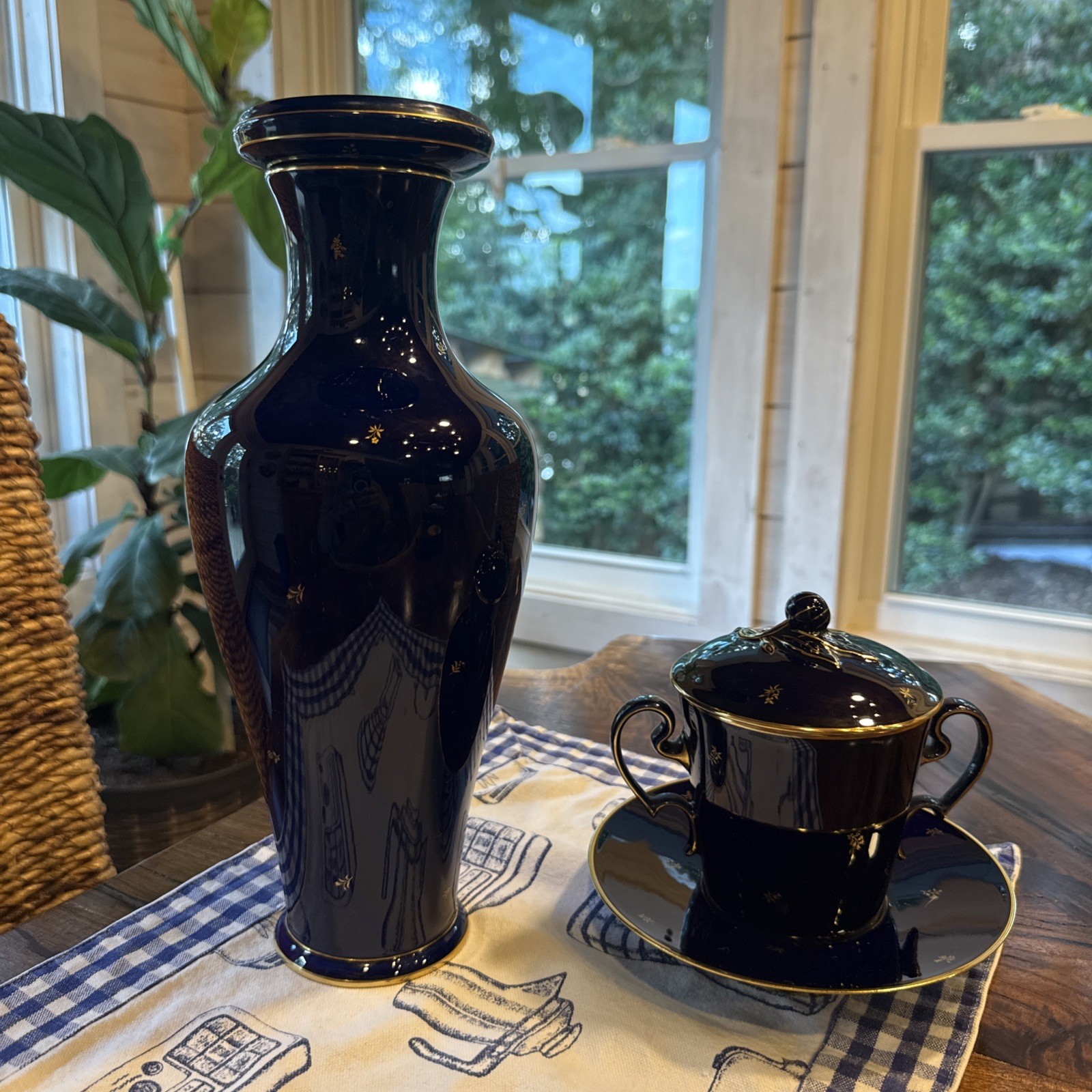 Antique Sèvres France Cobalt Blue Gilt Porcelain Covered Vase & Sugar Bowl Set