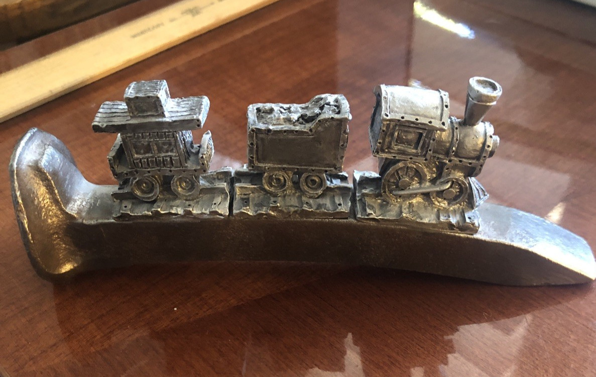 RARE Estate Find Vintage Fine Pewter Train On Railroad Spike / Desk Paperweight