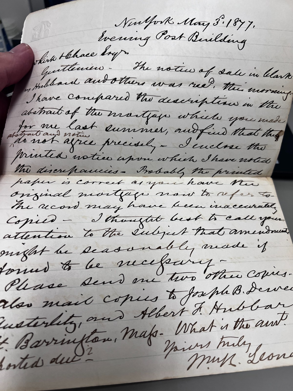1877 New York Evening Post Building Signed Congress Embossed Legal Letter