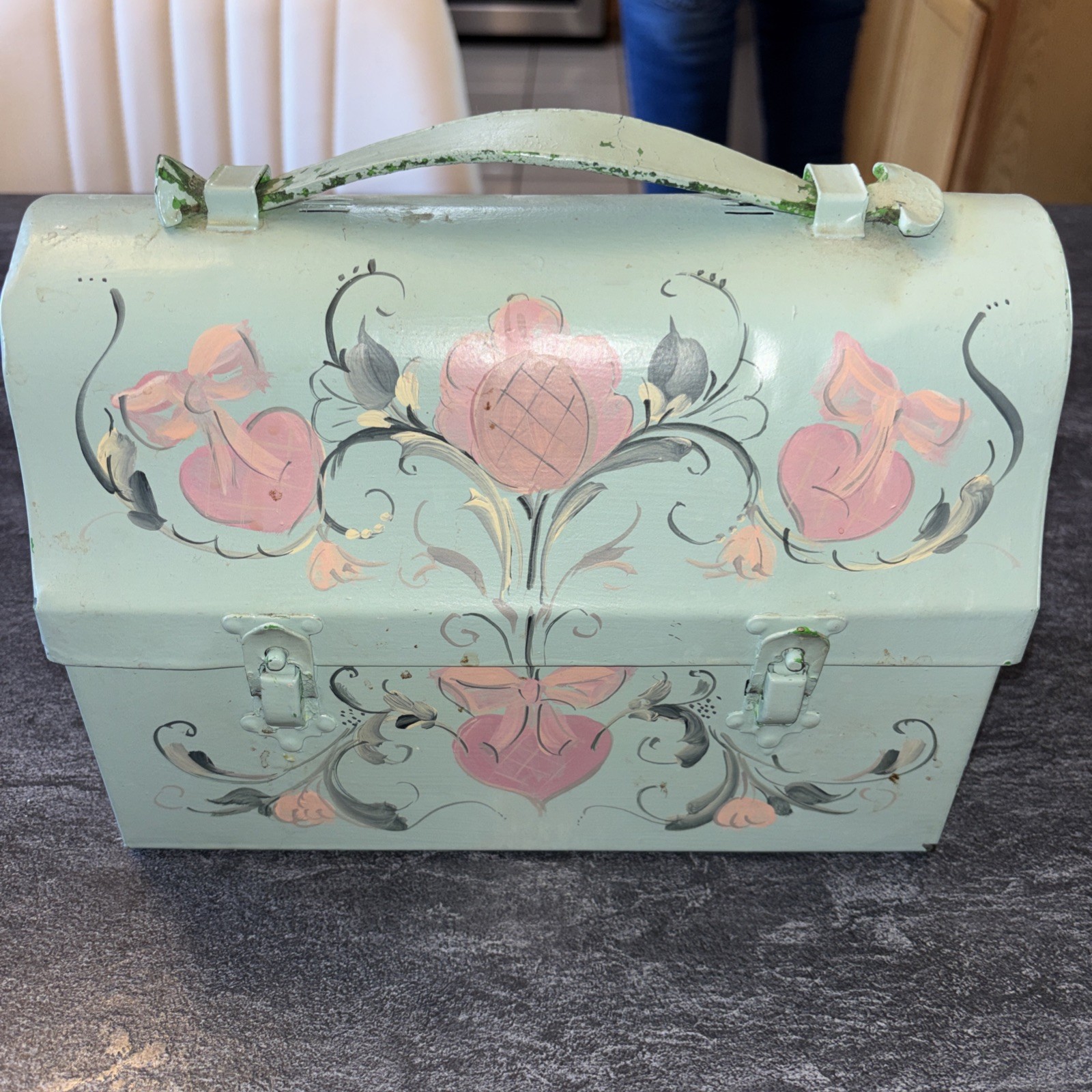 Vintage 1930's - 1940's Dome Top Metal Lunch Box Hand Painted Folk Art LOC TAB