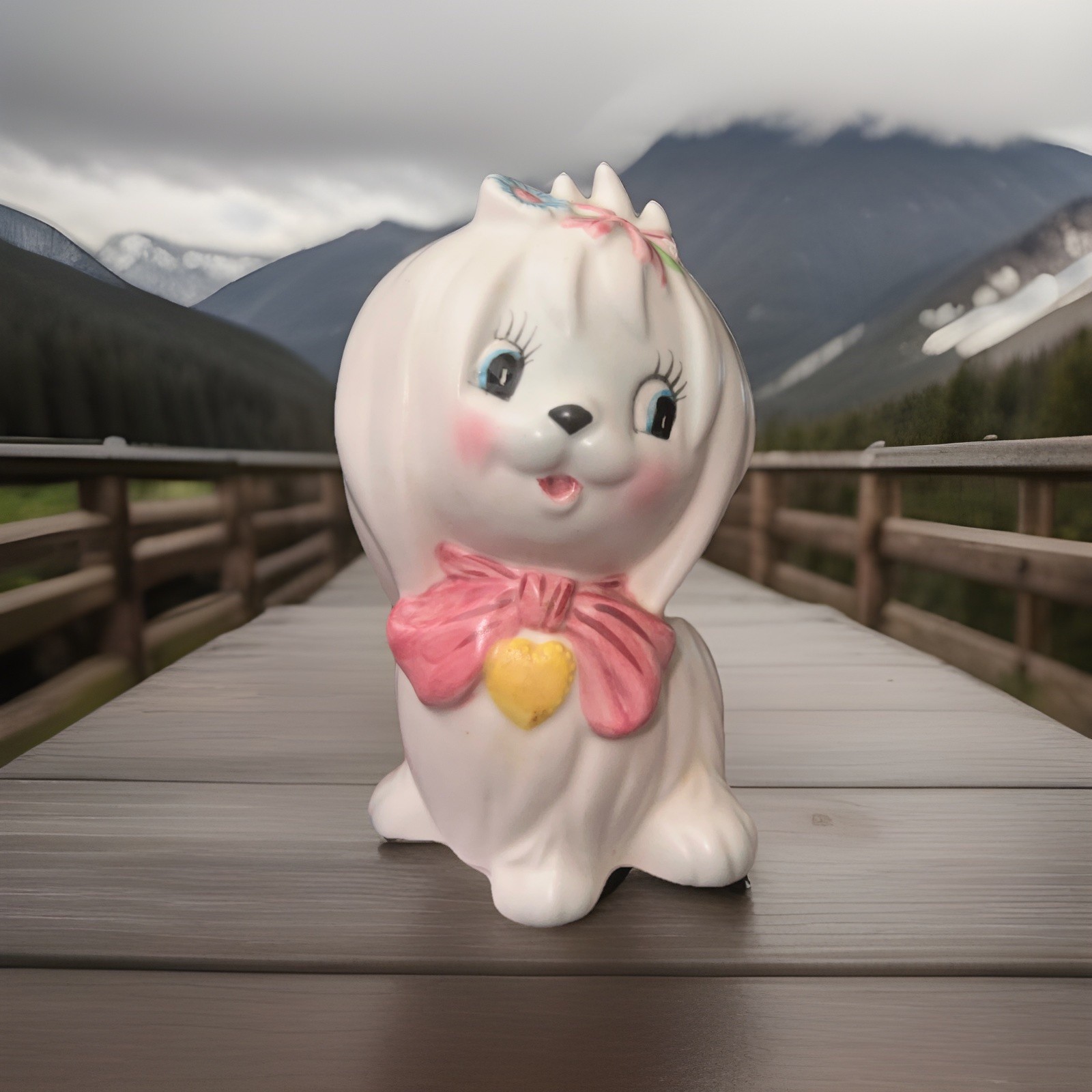 Vintage Lefton Mr Toodles Maltese Dog Planter #2631 Ceramic Puppy Pink Bow Flaw