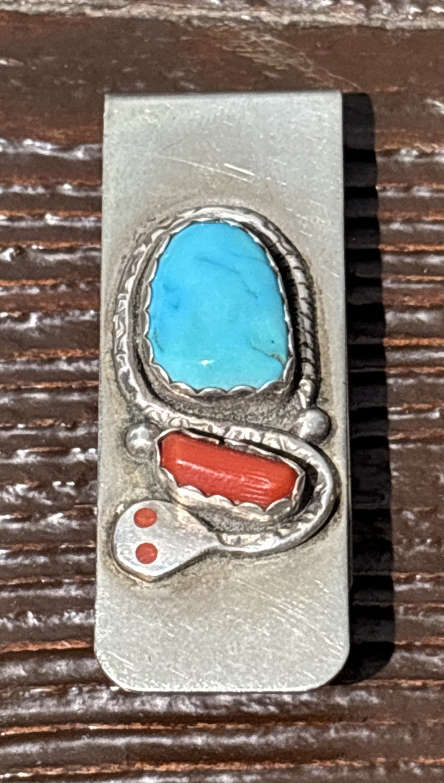 Effie Calavasa Zuni Native Sterling Silver Snake Money Clip Turquoise Coral